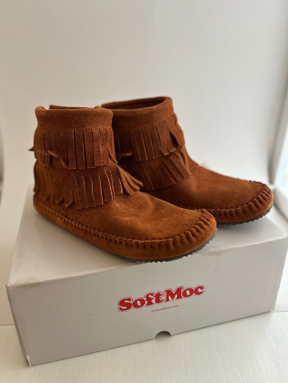 SoftMoc Copper Fringe Moccasin Boots 7 - NIB